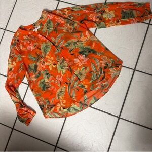 Chicos Blouse 3 XL 16 Orange Pink Floral Button Up V Neck Long Pleated Sleeve